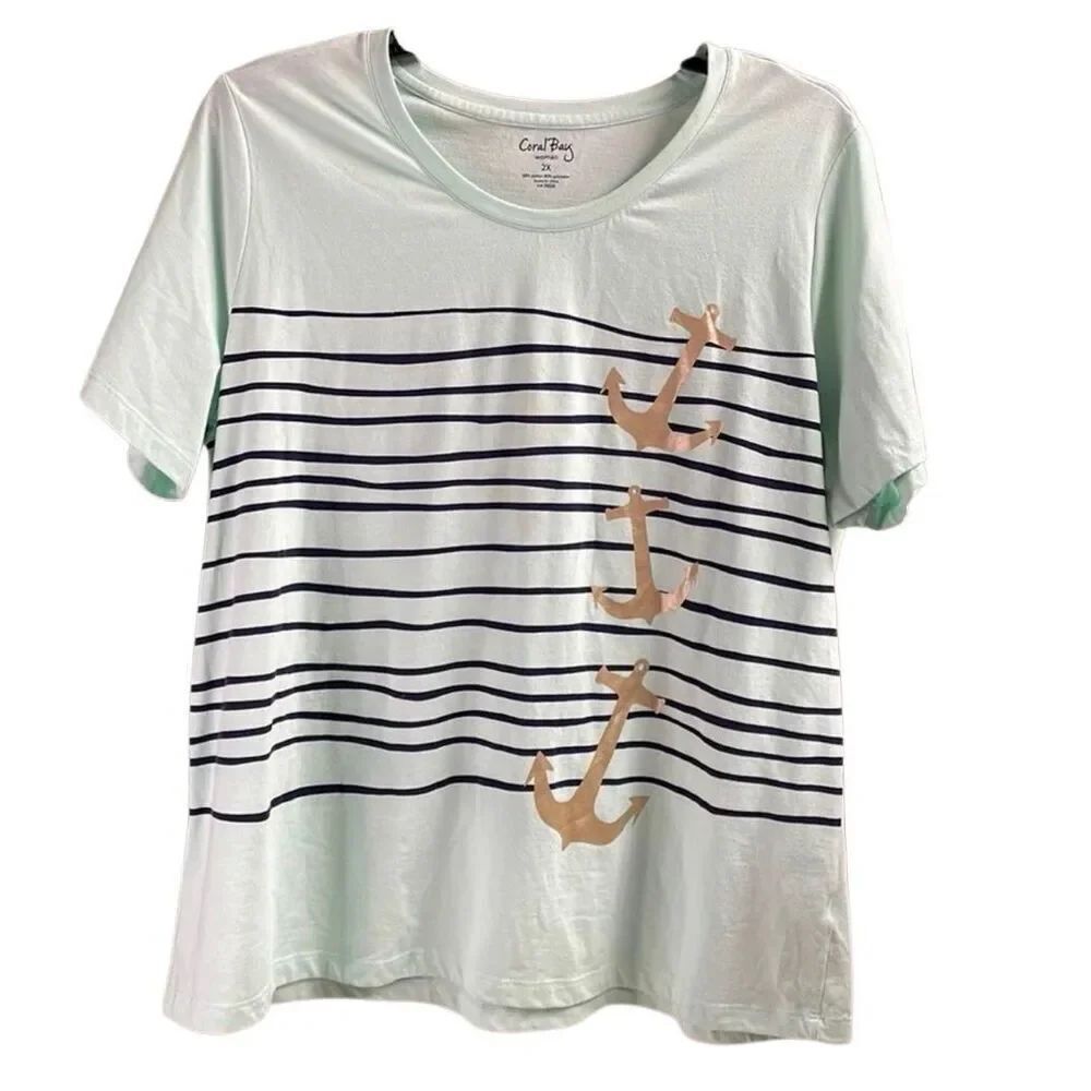 Coral Bay Women’s 2X Mint Green Nautical Anchor Stripe Tee Coastal Casual Top